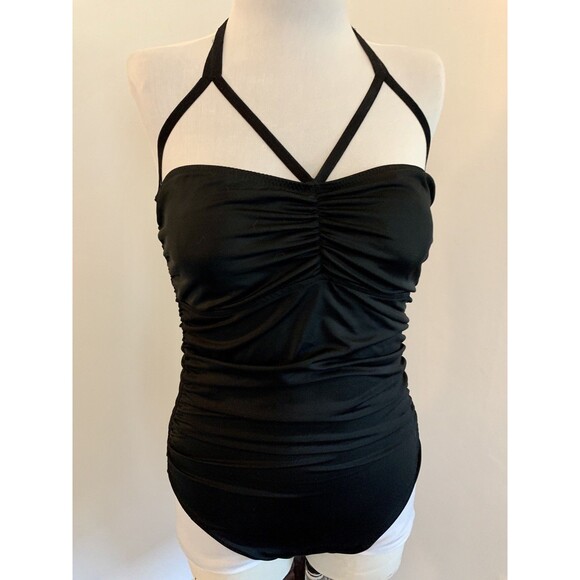 Kamali Kulture Shirred Waist Mio  One Piece Swim Ruched Black Large Halter Cut - Picture 6 of 13